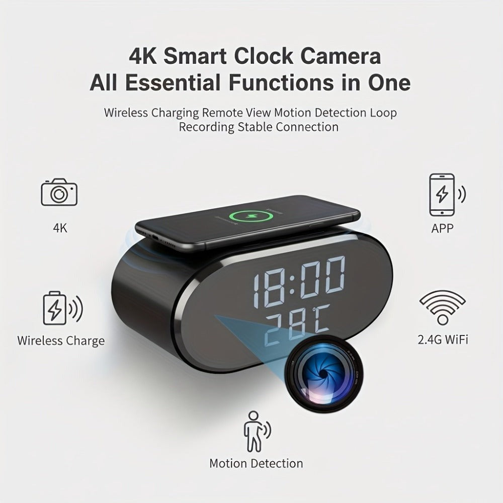 Cámara de seguridad inalámbrica despertador 4K con detección de movimiento, compatible con visualización remota en tiempo real por WIFI, notificaciones de alarma por aplicación y correo electrónico, compatible con Android e IOS, carga USB, incluye tarjeta