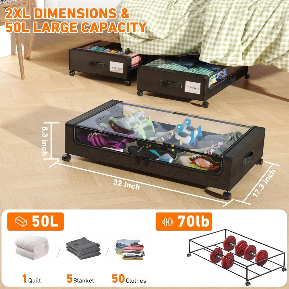 Paquete de 2 cajas de almacenamiento para debajo de la cama con ruedas, organizadores de fábrica Oxford para ropa, cajones de metal con tapa transparente, zapatos, caja de almacenamiento rodante multiusos con ventana transparente