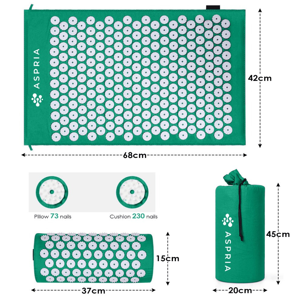 Aspria Set de Acupresión Verde 3/4 Piezas, Colchoneta de Acupresión y Almohada de Acupresión, para que te Relajes Cuerpo y Mente. Colchoneta de Acupresión Verde + Toalla Gruesa + Bolsa de Almacenamiento. MGY-S3-004