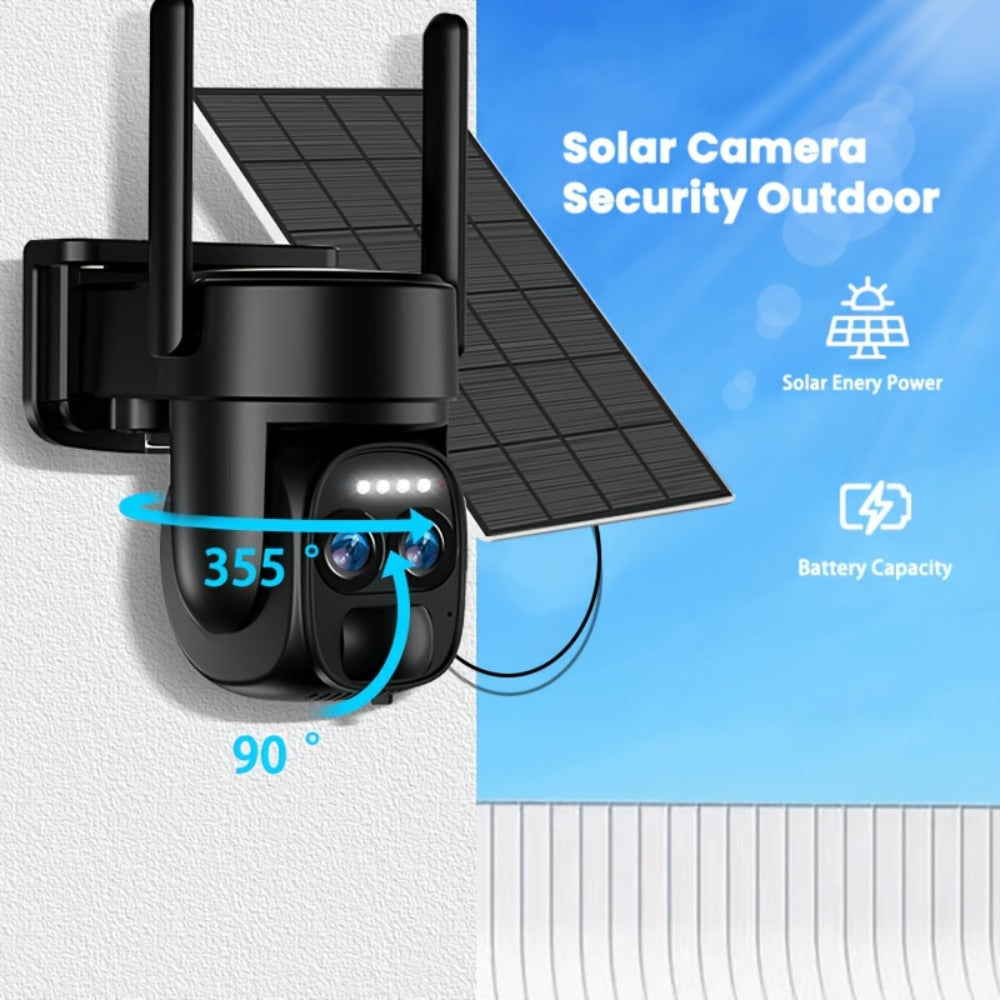 [Zoom 10x] Cámara de seguridad de exterior de 4MP con zoom automático de doble lente, más clara a distancia, cámara de alta definición 2K con panel solar, sistema de monitoreo PTZ de doble lente, foco deportivo WiFi 5G, visión nocturna en color, llamada b