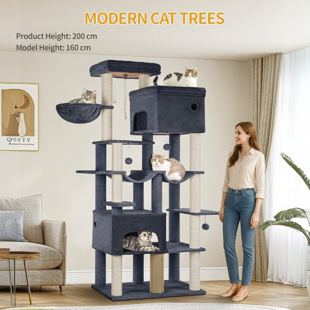Poste Rascador para Gatos 200cm XXL, Incluye 10 Postes Rascadores, 2 Camas para Gatos, 2 Hamacas, Plataforma Grande, Cepillo para Gatos, Cesta, Árbol para Gatos de Alta Resistencia, Adecuado para Maine Coons y Gatos Grandes, Gris Claro, Gris Oscuro, Beige
