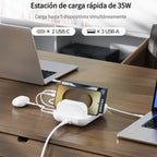 Soopii Hub de Carga Multi-Dispositivo de 5 Puertos, con 2 Puertos PD de 20W para Carga Rápida y 3 Puertos USB Compatibles con iPhones, iPhone 17, Smartphones, Tablets y Más. Incluye un Organizador de Cables, Perfecto para Regalos de Navidad. (Cables No In