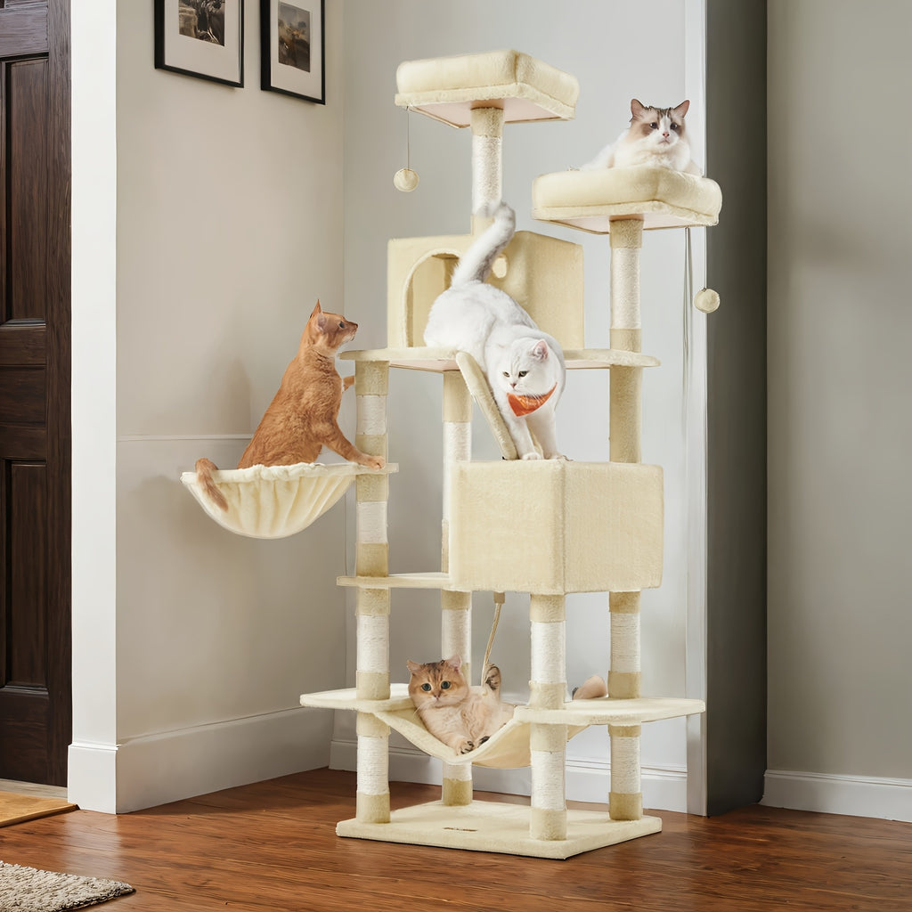 Rascador para gatos | Árbol para Gatos Feandrea de Gran Tamaño con Múltiples Niveles - 13 Postes Rascadores, 2 Plataformas y Hamaca Acogedora