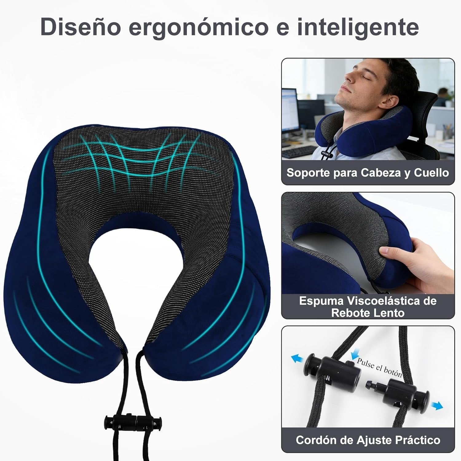 Una Almohada Cervical Ergonómica en Forma de U con Bolsa de Almacenamiento, Espuma de Memoria con Tecnología de Rebote Lento, Funda Lavable a Máquina, Ligera y Portátil para Avión, Oficina y Hogar, Apoya Cuello y Cabeza, Ideal para Siestas, Lectura y Ver