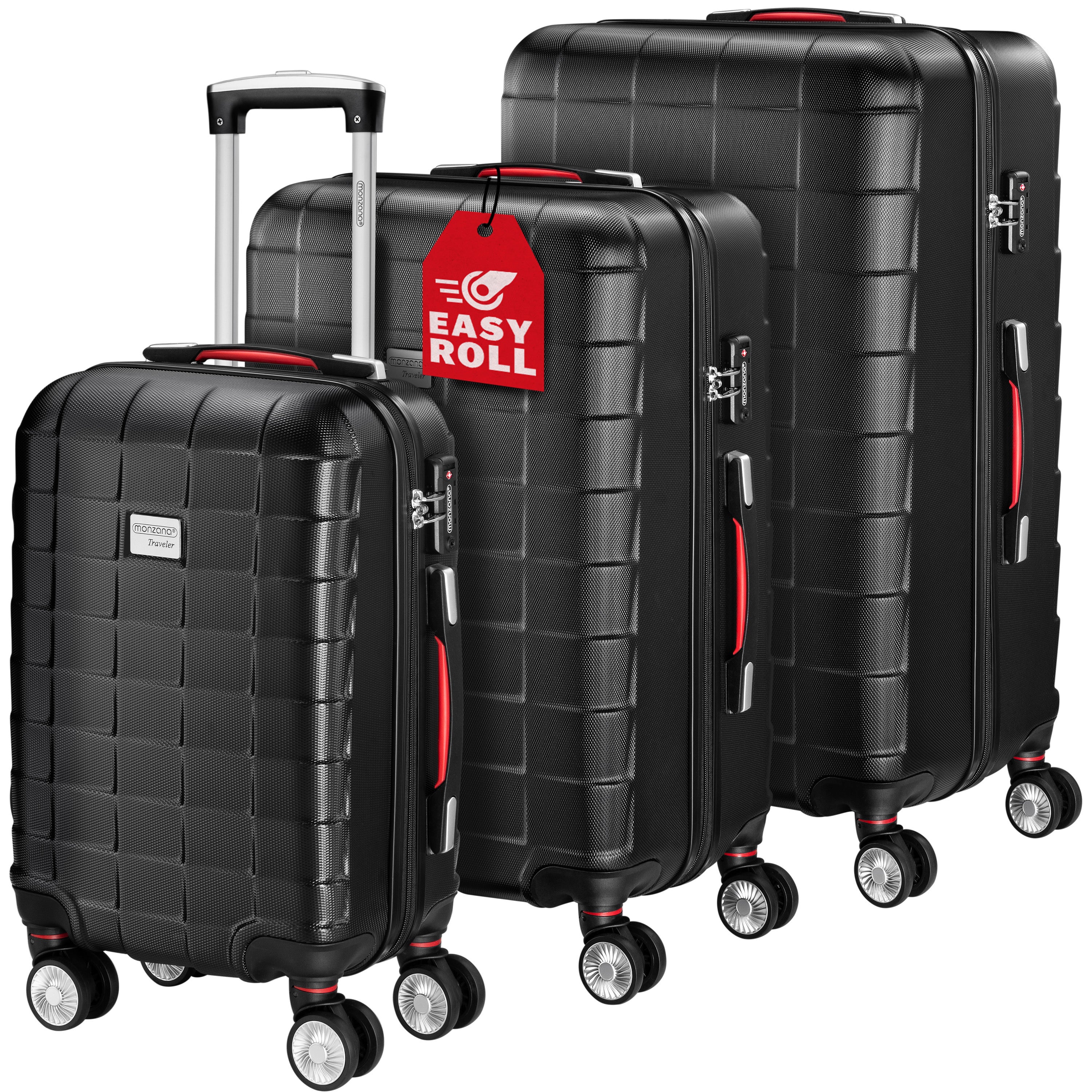 MONZANA® Juego de Maletas de 3 Piezas con Candado TSA, Maletas Rígidas en Tallas M-L-XL, Asas de Gel, 4 Ruedas Gemelas, Pies de Soporte, Maleta de Viaje con Ruedas – Negro, Azul o Champagne