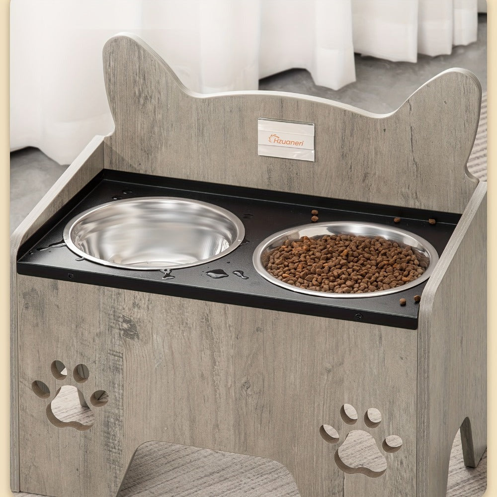 Comedero Elevado para Mascotas con Dos Tazas de Acero Inoxidable, Diseñado para Evitar Derrames, Apto para Perros de Todo Tamaño, con un Diseño Vintage Marrón y Negro