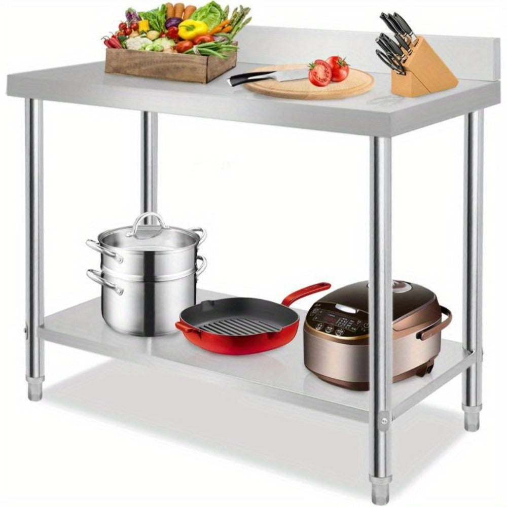 Mesa de trabajo de acero inoxidable con respaldo, mesa de comedor con patas ajustables y mesa de cocina inferior extra grande, capacidad de carga de hasta 250 kg