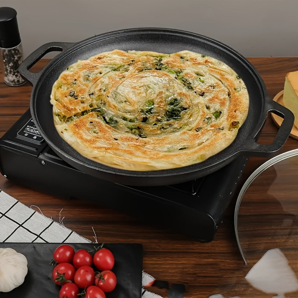 Sartén de hierro fundido versátil - Perfecta para pizzas, parrillas y panqueques - Compatible con todos los estufas, ideal para cocinar al aire libre y cocinas domésticas