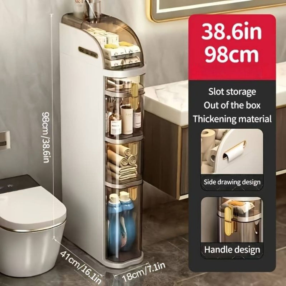Armario de almacenamiento estrecho para baño de 5/4/3 niveles que ahorra espacio con cajones y soporte para papel higiénico - Organizador delgado independiente con estantes ajustables, construcción de plástico de alta calidad, armario de piso compacto par