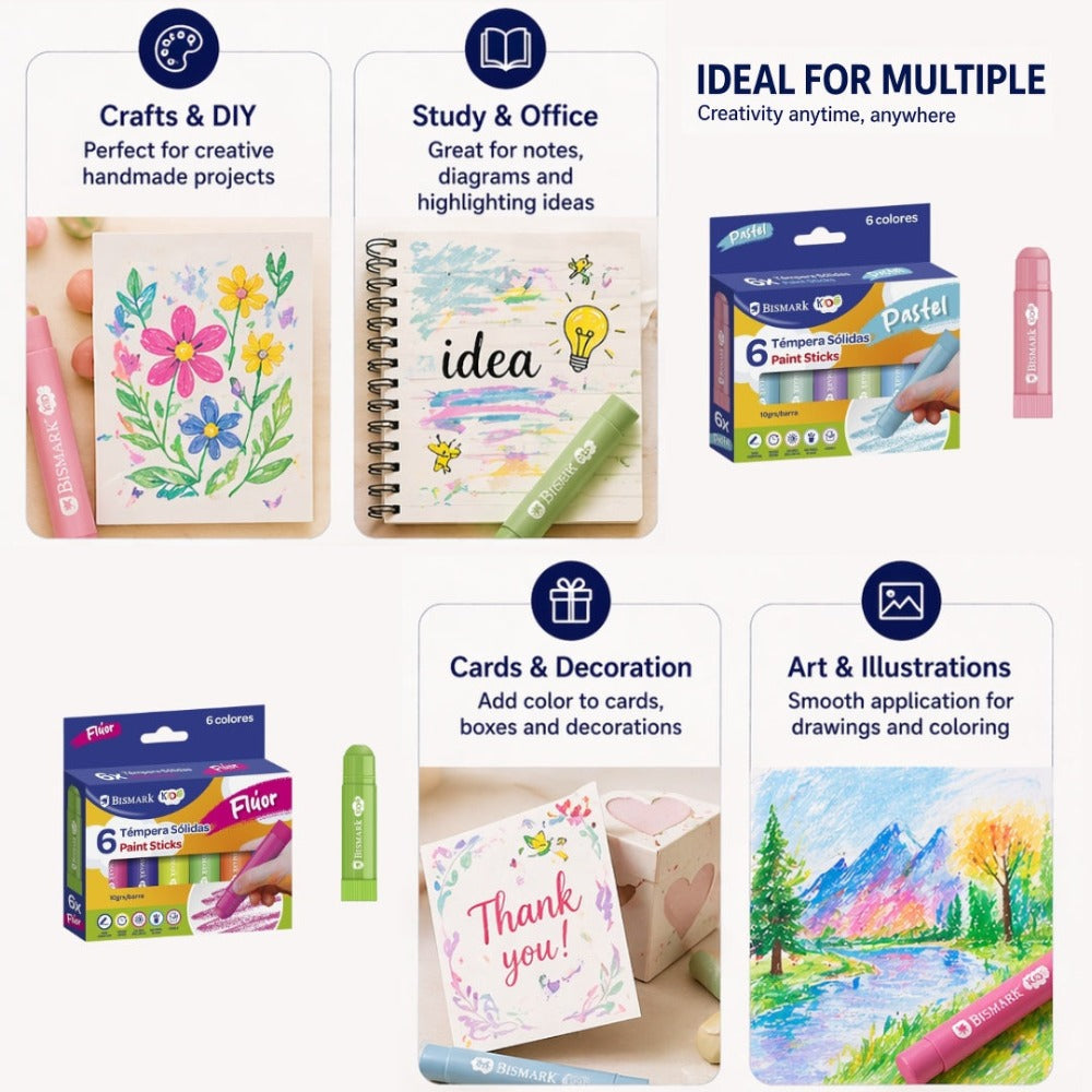 6 pcs Barras de color sólido de 10grs/barra, Gran Cobertura, Secado Rápido, Colores Brillantes y Lavables, ideales para actividades escolares y creativas.