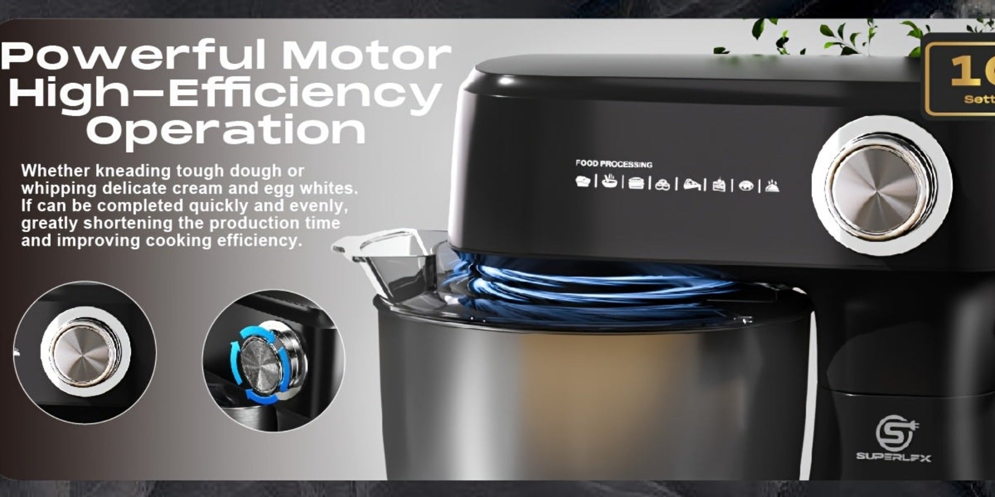 Procesador de Alimentos SUPERLEX 800 W con Bol de Acero Inoxidable de 4.5L - Amasadora Profesional con 10 Velocidades, Gancho para Masa, Batidor y Raspador - Mezcladora de Pie para Pan, Pasteles y Más