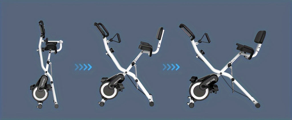 Bicicleta estática plegable de interior Micyox MX711 con asiento extragrande, 16 niveles de resistencia, pantalla, sensor de frecuencia cardíaca, equipo de fitness que ahorra espacio