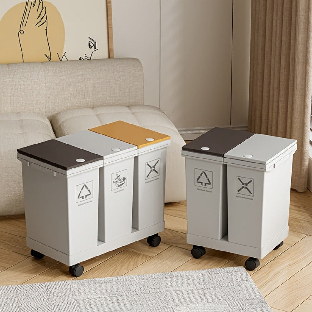 Cubo de basura de cocina de gran capacidad de 60L/36L/24L con compartimentos separados - Con ruedas, resistente a los olores, separación de residuos secos y húmedos, forma rectangular, tapas con botón de presión, fácil de limpiar, gestión de residuos de c