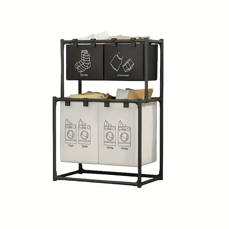 Cesto de lavandería plegable de doble capa con 4 bolsas desmontables, cesto de almacenamiento multifuncional que ahorra espacio, material duradero, diseño plegable, fácil instalación, cesto de lavandería, diseño negro moderno, adecuado para dormitorio, ba