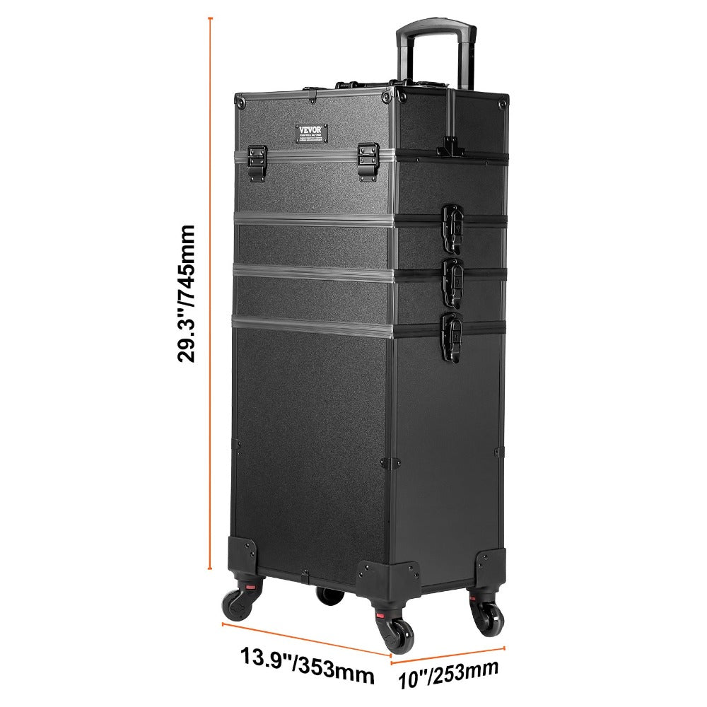 VEVOR 5 en 1 Maleta profesional de maquillaje de aluminio, maleta de maquillaje con ruedas extra grande, organizador de viaje de maquillaje con ruedas giratorias de 360° y palanca ajustable, negro