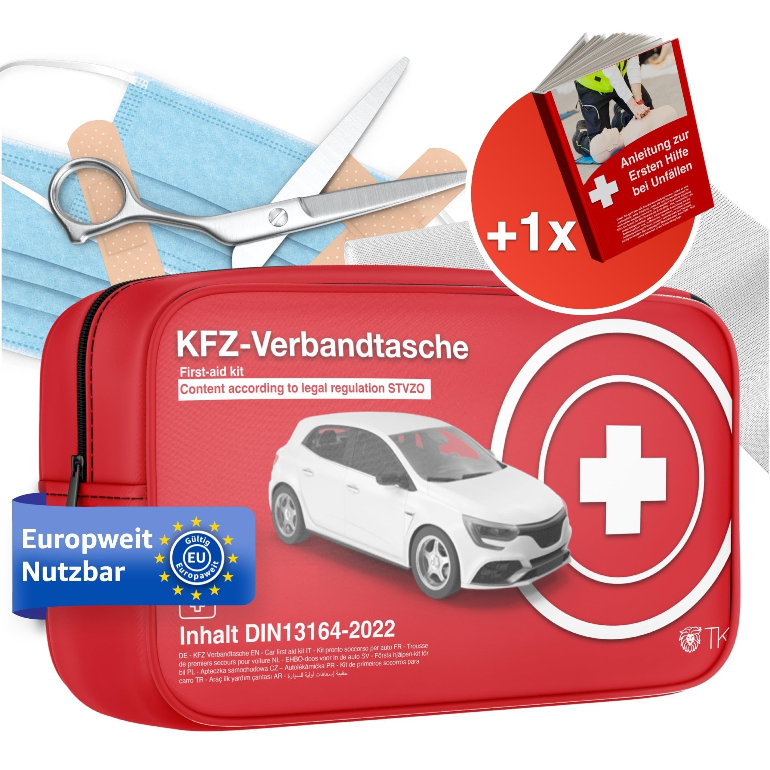 Kit de Primeros Auxilios para Coche TK - 2024 - DIN 13164, Incluye Libro de Instrucciones