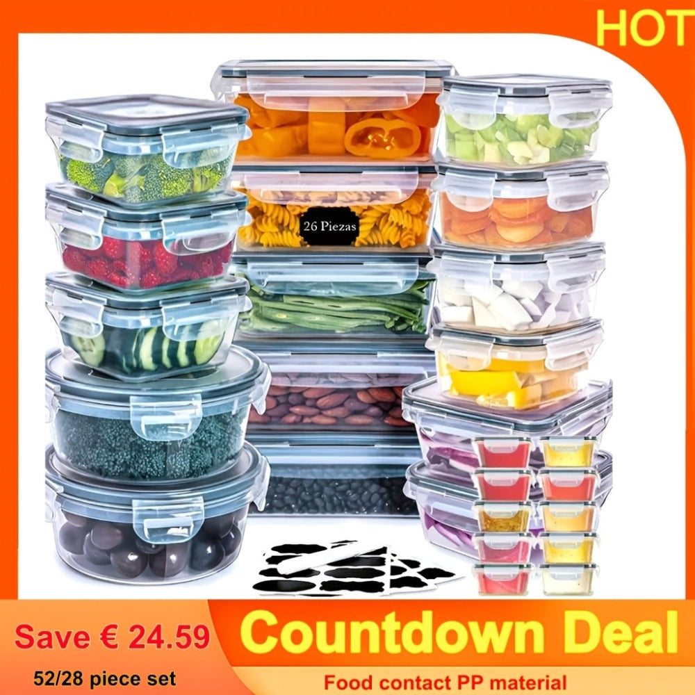 Caja de Almacenamiento de Alimentos con Tapa, 52/28 piezas (26/14 Contenedores + 26/14 Tapas), Caja para Preparar Comidas, Desde Pequeño Hasta Grande, Juego de Latas de Almacenamiento Sellado, Apto para Lavavajillas, Microondas y Congeladores, Regalo de P