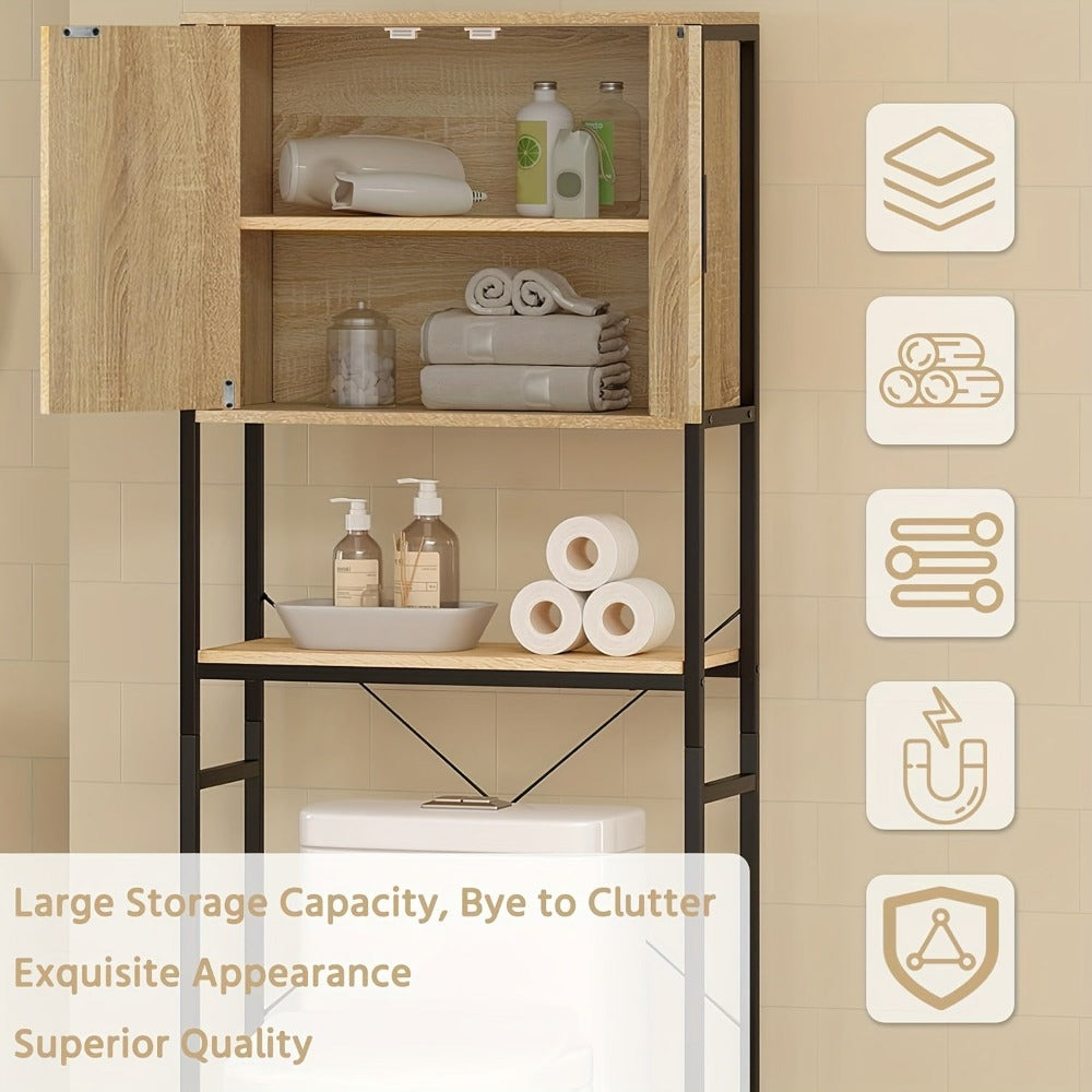 Estantería de baño de 1 pieza, gabinete para lavadora, estante para lavadora sobre inodoro, estante para inodoro con gabinete y estante ajustable, estantería de baño de madera y metal, 64.5 x 170 x 27 cm, estantes