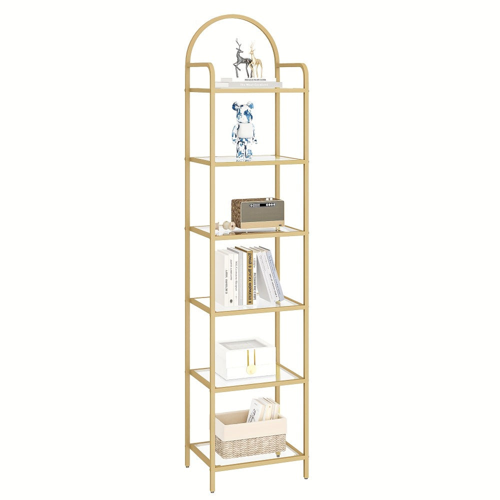 Estantería, Librero de Vidrio Templado, Unidad de Estantería Delgada para Dormitorio, Baño, Oficina en Casa, Estructura de Acero, 6 Estantes Dorados, Estantes