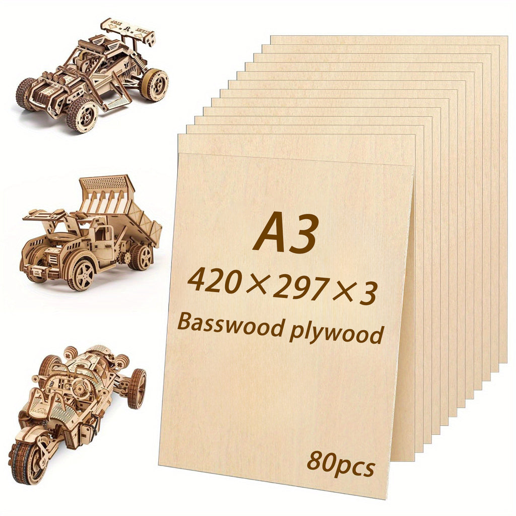 Dofiki 80 piezas de madera de tilo y contrachapado - Paneles de madera sin acabado A3 de alta calidad de 3 mm, contrachapado, grano de madera natural, superficie lisa, tilo adecuado para grabado láser, corte CNC, tallado de madera, artesanía, modelismo -