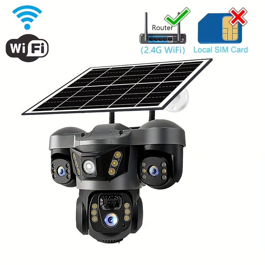 Cámara solar con WiFi V380 PRO de 3 lentes, 1080P, resistente al agua, HD, para exteriores, CCTV, visión nocturna, audio bidireccional, cámara de red con seguimiento de movimiento, cámara PTZ, seguimiento automático, alarma y visión nocturna en color, rot