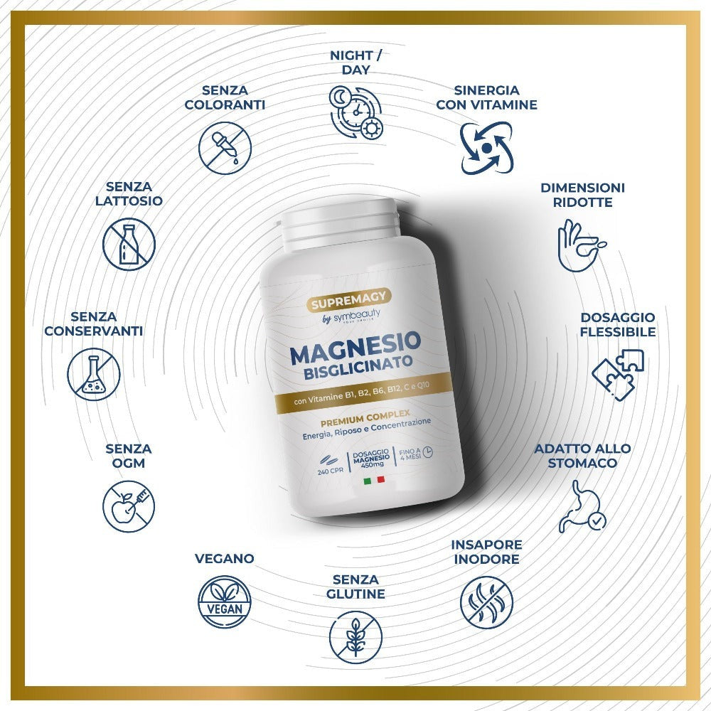 SUPREME MAGNESIO BISGLICINATO 450Mg (Hasta 4 Meses) 240 Pastillas - Complejo Premium | Vitamina B12, B1, B2, B6, C y Coenzima Q10 | Suplemento - Vegano y Hecho en Italia
