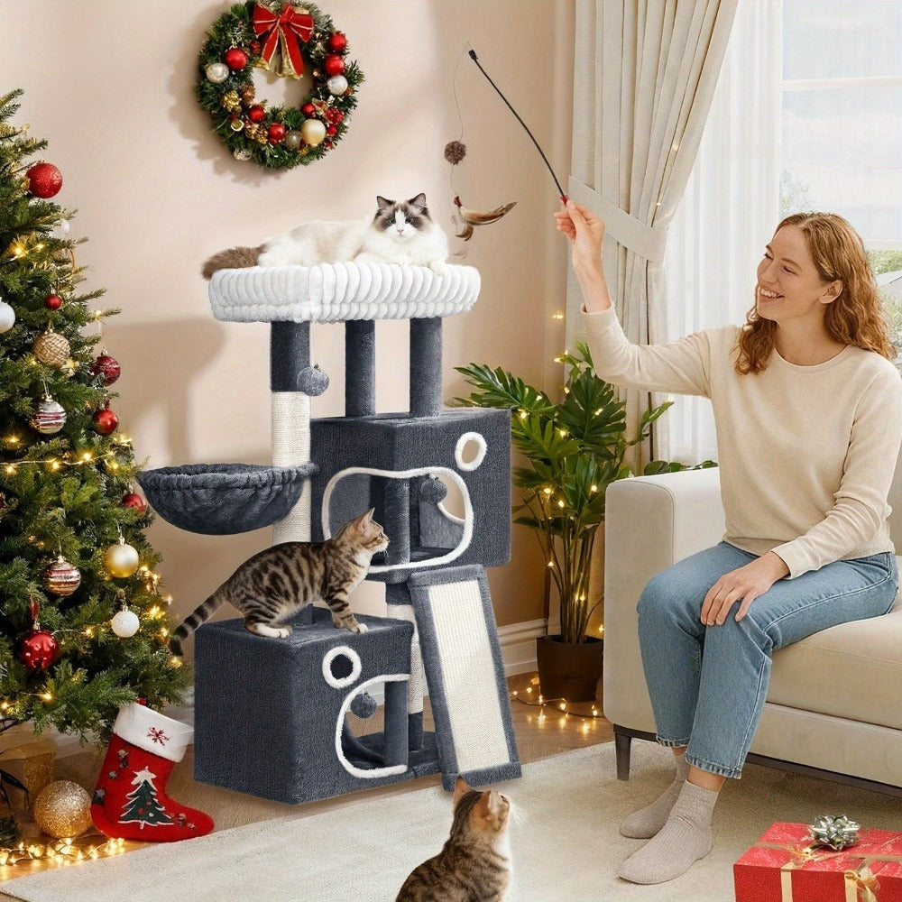 Árbol para Gatos Adecuado para Espacios Pequeños con Plataformas de Peluche, Postes de Sisal para Rascar y Base Antivuelco - Rampa de Escalada Multinivel, Cueva y Pompones - Árbol de Juego Resistente para Gatitos y Gatos (Gris Oscuro)