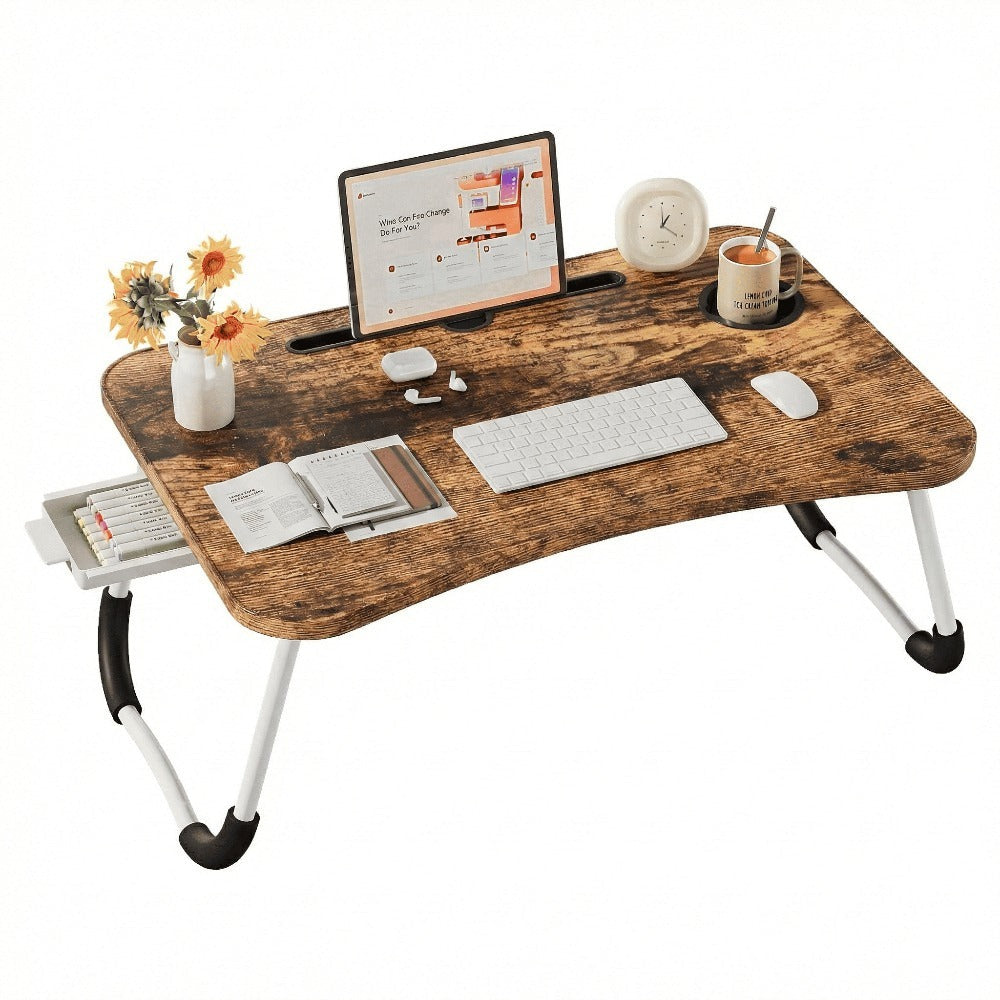 Mesa plegable multifunción para cama y sofá con portavasos, 60×40×28 cm, mesa auxiliar con atril para leer en la cama, bandeja multifunción para ordenador, libros, trabajo y estudio en casa (con cajón / sin cajón)
