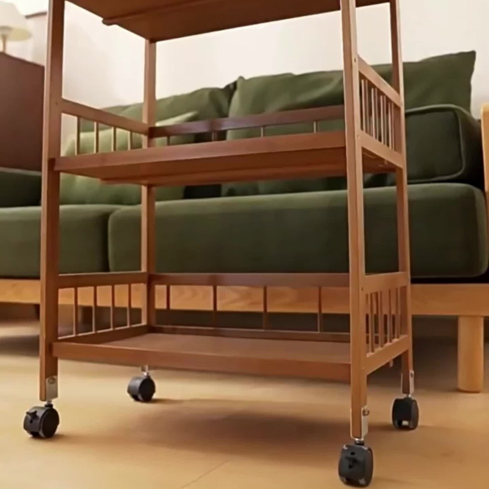 Carrito de madera de tres niveles, estante de almacenamiento con valla, carrito de cocina móvil con ruedas omnidireccionales, fácil de limpiar, adecuado para baños, dormitorios y estantes de sala de estar, estante de pie, estante de pie