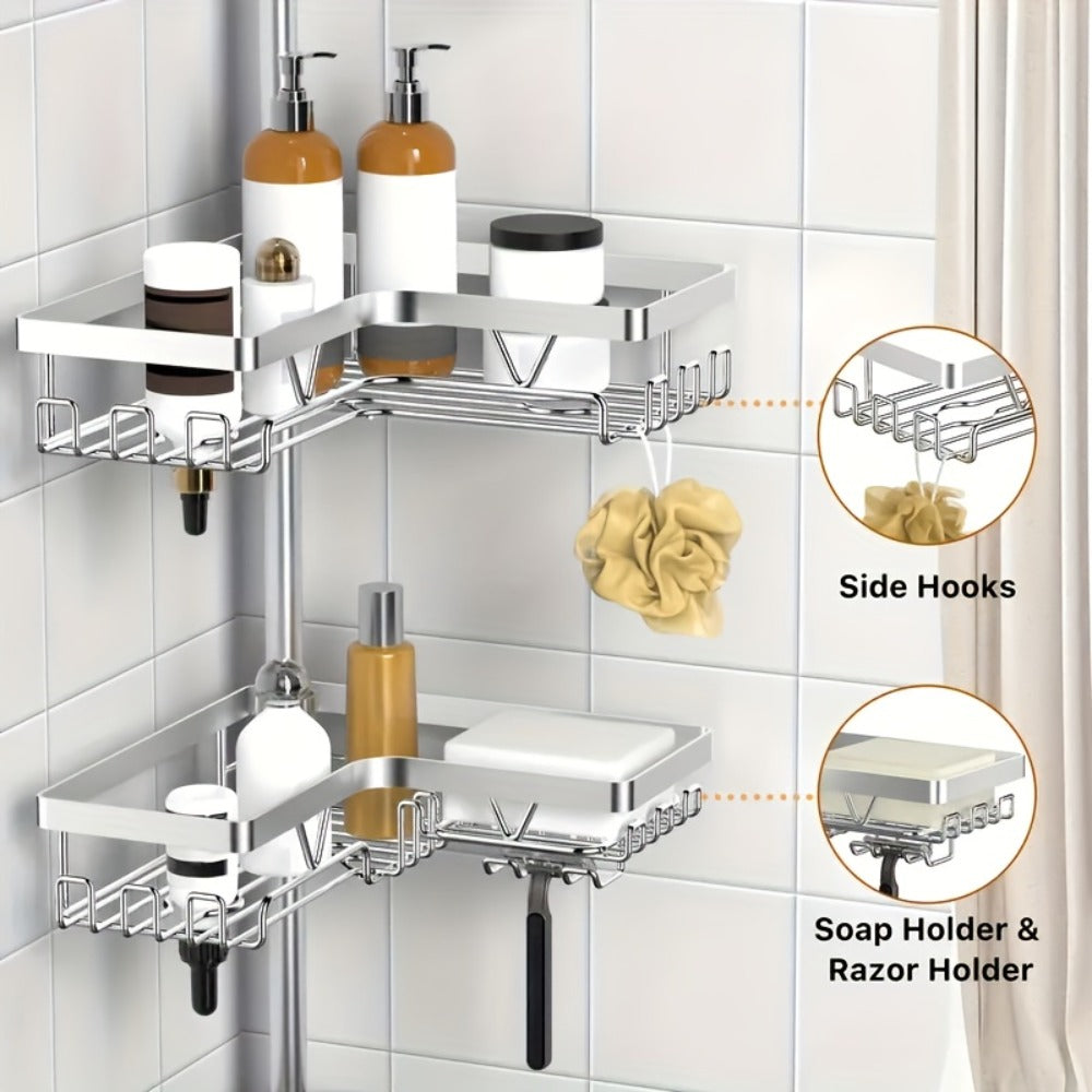 Estante de esquina ajustable de acero inoxidable para baño, 4 niveles, resistente al óxido, con soporte de tensión para ducha, con ganchos y jabonera, ideal para bañera/ducha (63.5-290 cm), organizador de almacenamiento de baño de alta gama sin taladro
