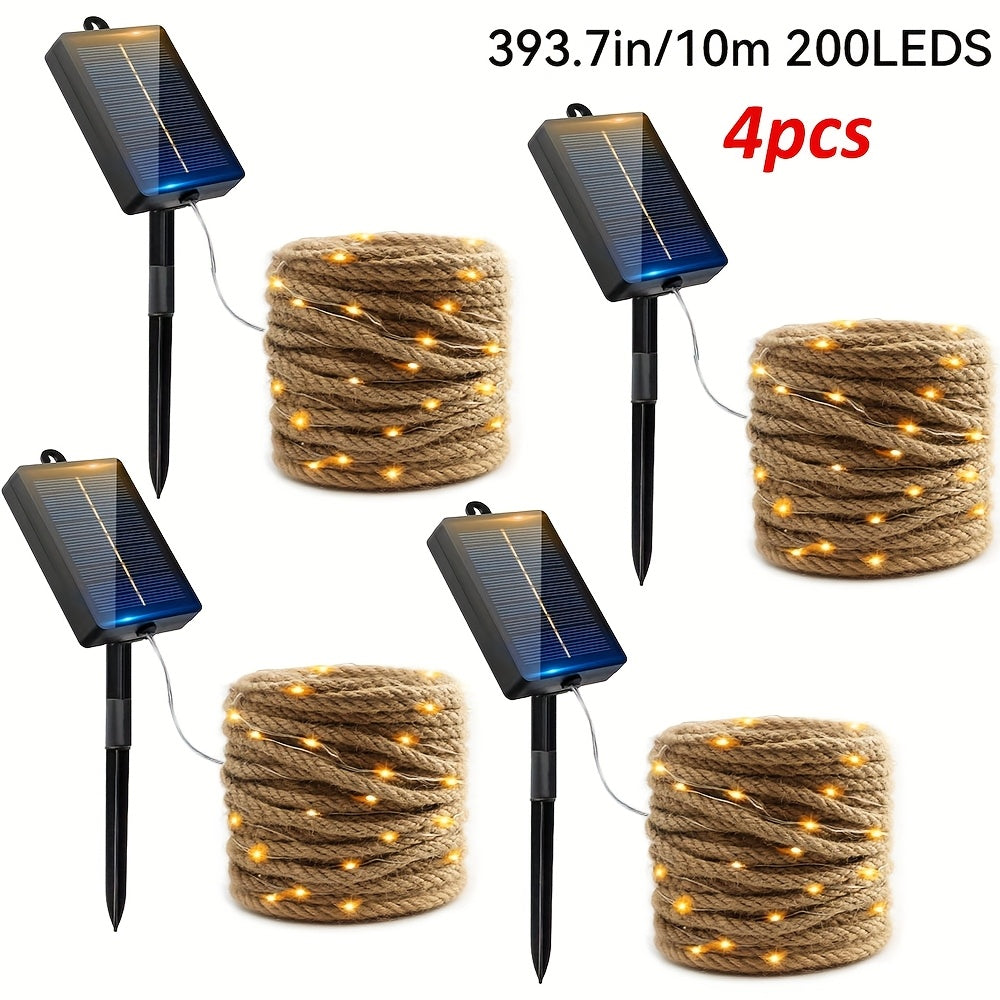 Guirnalda de luces LED | 2/4 piezas 200/100 LED Guirnaldas de Luces Solares para Exterior, Guirnaldas de Hadas Solares Vintage de Cuerda y Cáñamo