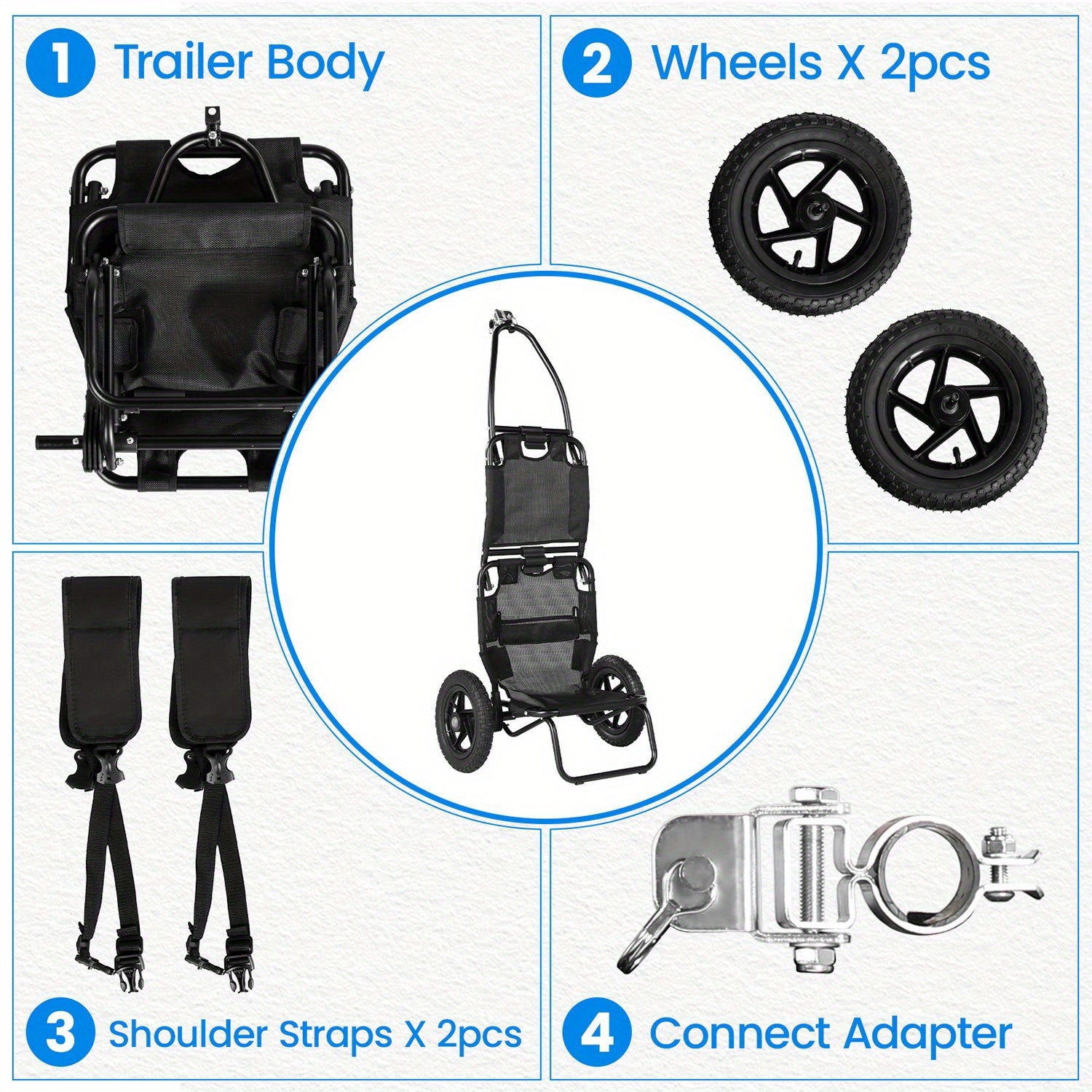 Remolque de carga para bicicleta, remolque 2 en 1 para bicicleta, carrito de compras, carretilla, marco de acero de aleación, ligero y plegable con neumáticos de aire de 30 cm, capacidad de carga de 20 kg