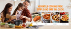 Juego de 7 ollas | Tamaños 16+18+20 cm | Incluye 1 asa desmontable y 3 tapas de sellado PE | Apto para inducción, leche y para todo tipo de estufas | Superficie antiadherente | Apto para horno