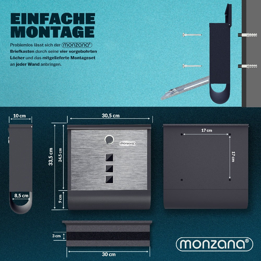 Buzón MONZANA® con Cerradura Cruzada, Cilindro de Cobre, Tapa Giratoria, 31x10x34 cm, Ventana de Visualización, Placa de Identificación, Compartimento para Periódicos, Fácil Instalación, Acero Aleado, 2 Llaves, Caja de Correo