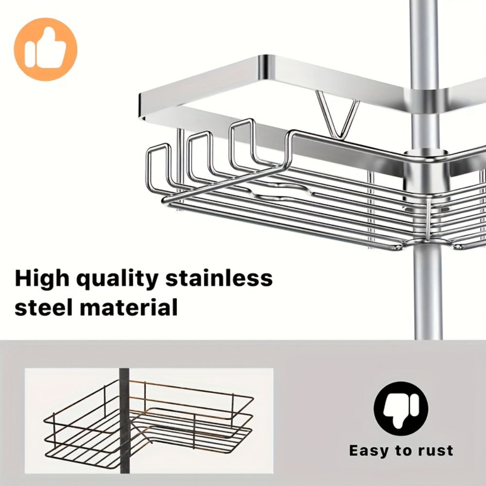 Estante de esquina ajustable de acero inoxidable para baño, 4 niveles, resistente al óxido, con soporte de tensión para ducha, con ganchos y jabonera, ideal para bañera/ducha (63.5-290 cm), organizador de almacenamiento de baño de alta gama sin taladro