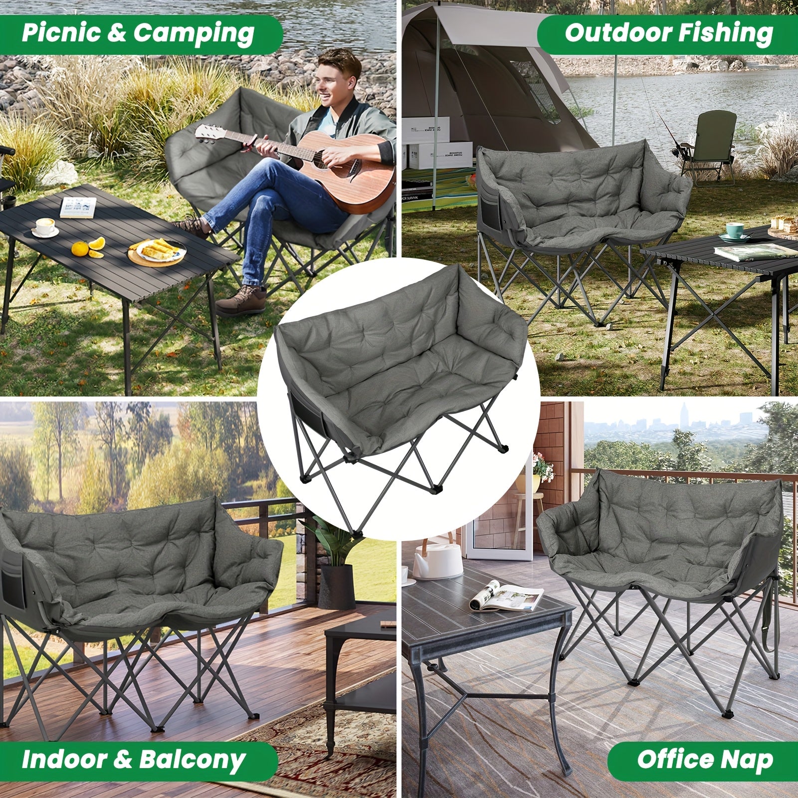 Silla de camping plegable doble con almohadilla suave y espesa, silla de descanso de alta carga para patio y balcón, silla de ocio de gran carga de 220 kg, portátil, adecuada para camping en patio, camping, piscina al aire libre.