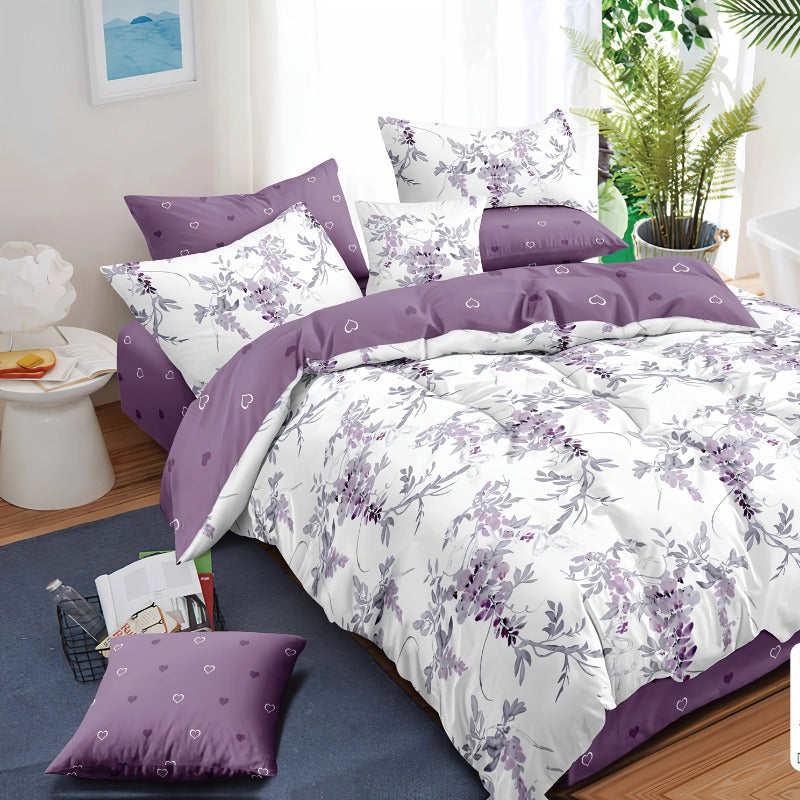 Juego de funda nórdica de dos colores con tema floral violeta, cómodo y suave, incluye una funda nórdica y dos fundas de almohada, conjunto de tres piezas