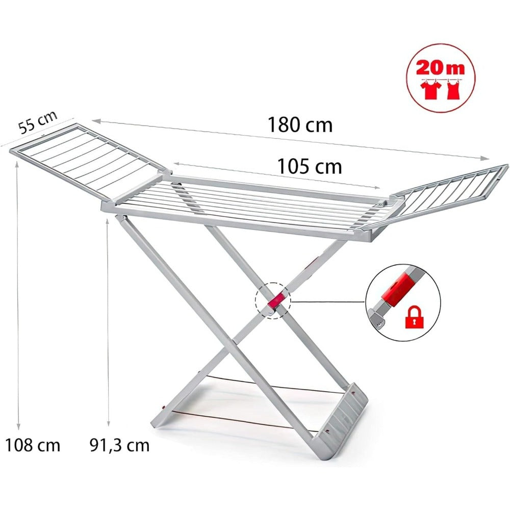 Tendedero Plegable con Alas, 20 Metros de Superficie de Tendido, Hecho de Resina Resistente al Sol y a la Intemperie, 180 x 108 x 55 cm - Dekohome