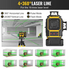Nivel Láser Verde 4D de 16 líneas con retícula horizontal y vertical de alta precisión, rotación de 360°, nivelación automática y es un nivel láser multifuncional para medición precisa. Equipado con dos baterías de litio de 2400mAh/3600mAh