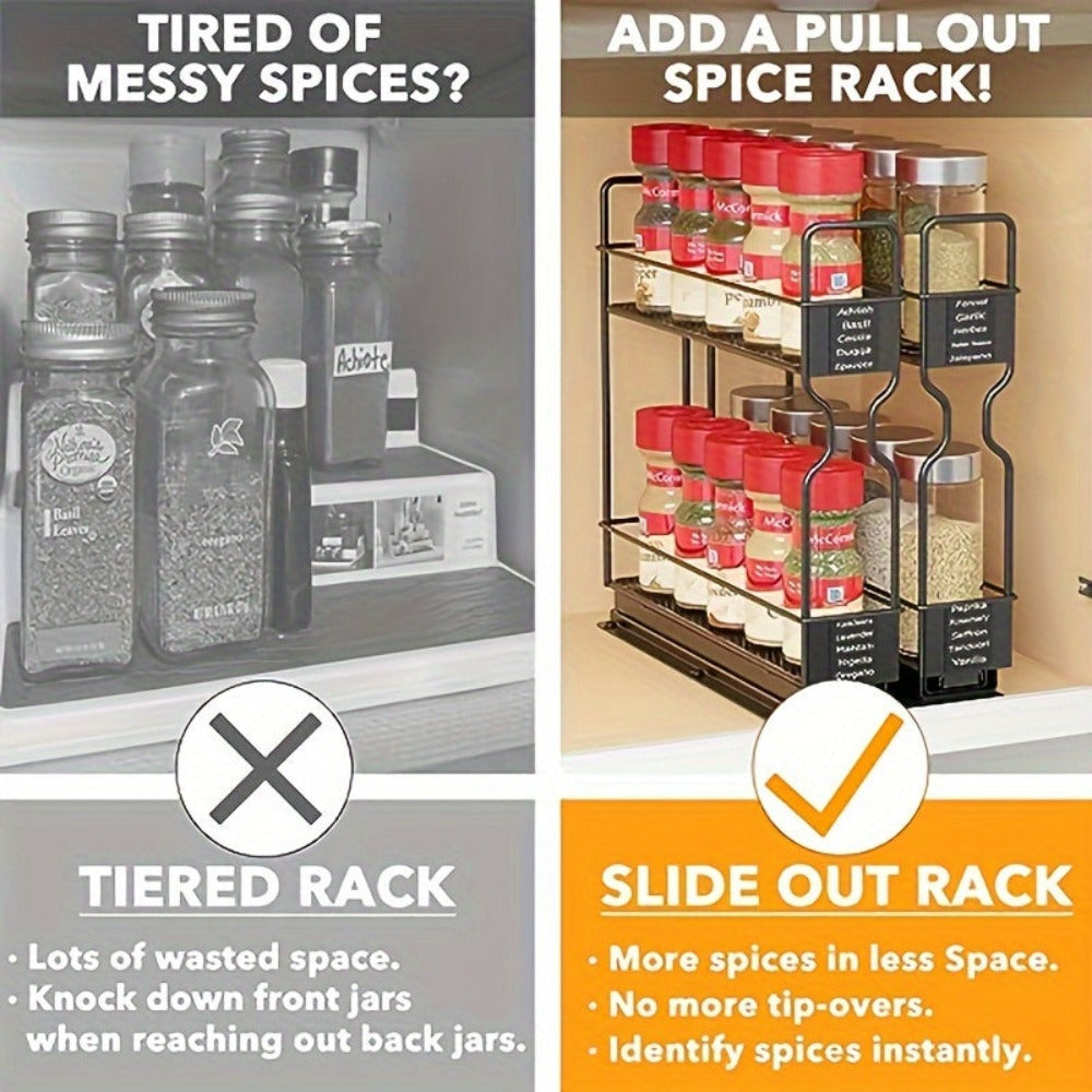 1 pza. Estante extraíble para especias de cocina con doble deslizamiento en color negro - Almacenamiento de especias que ahorra espacio con estante multiusos para encimera y armario - Amplía el almacenamiento con doble capa y elegante acabado en negro