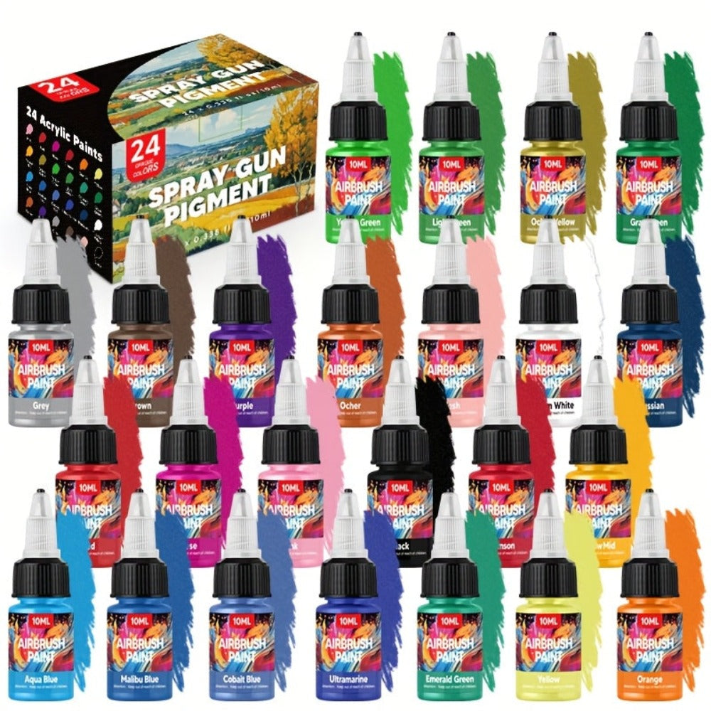 Un set de pinturas para aerógrafo en 12, 24 o 36 colores, cada una de 10 ml/0.33 oz, perfecto para diversas técnicas de pintura, incluyendo pintura al óleo, pintura a mano y proyectos. Ideal para principiantes y aficionados, así como para cerámica y arte.