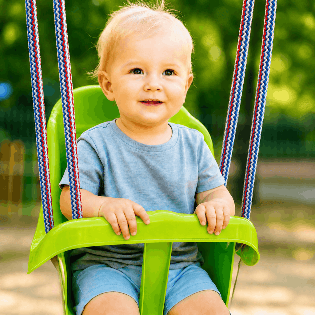 Colgacama tipo cubo para niños con cinturón de seguridad y cuerdas ajustables, asiento con respaldo alto y protección lateral, polipropileno duradero resistente a las condiciones climáticas y radiación UV, colgacama fácil de limpiar para el jardín, terraz