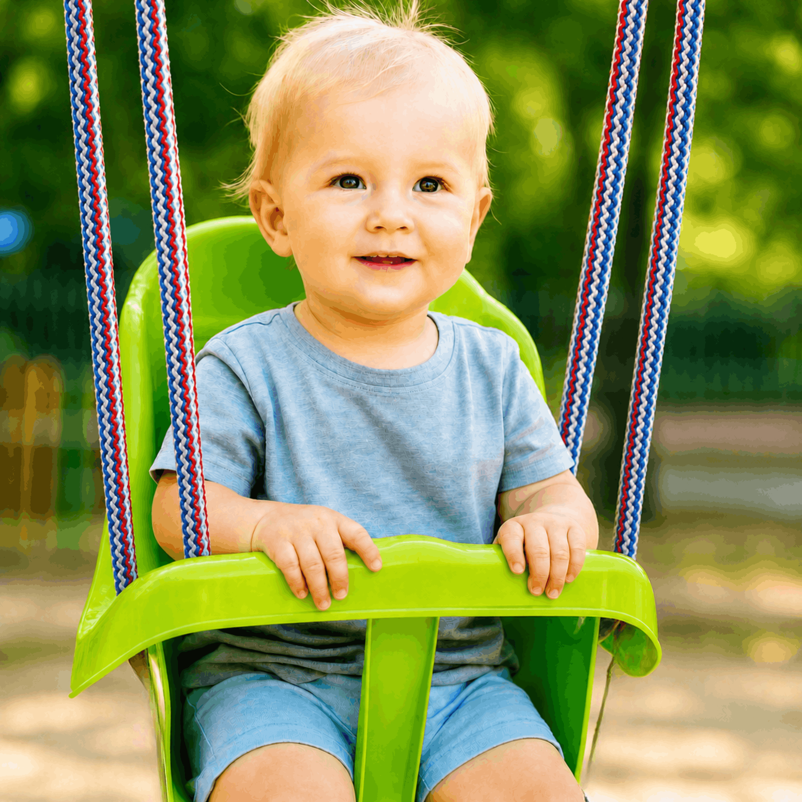Colgacama tipo cubo para niños con cinturón de seguridad y cuerdas ajustables, asiento con respaldo alto y protección lateral, polipropileno duradero resistente a las condiciones climáticas y radiación UV, colgacama fácil de limpiar para el jardín, terraz