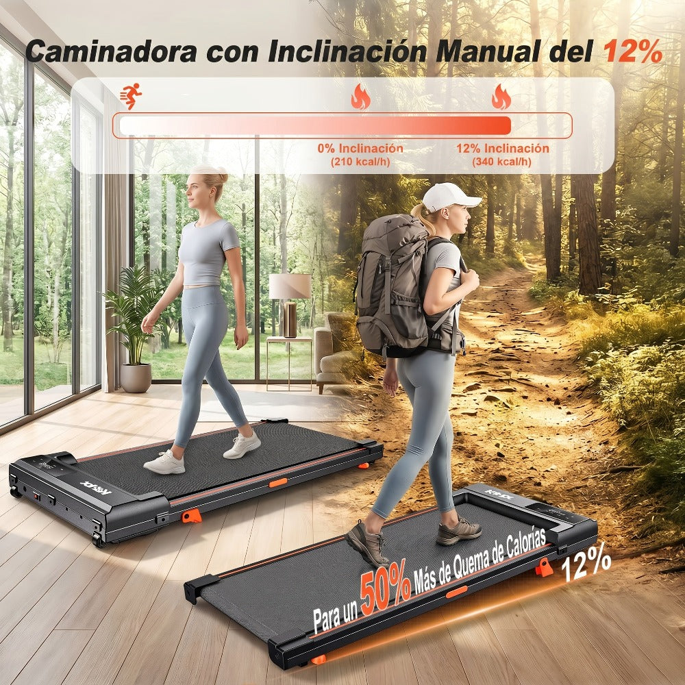 Alfombra de caminar con inclinación del 12%, quema 50% más de calorías, alfombra de caminar para escritorio, máquina de caminar portátil silenciosa de 30Db con carga de 100KG para fitness en casa, sin batería