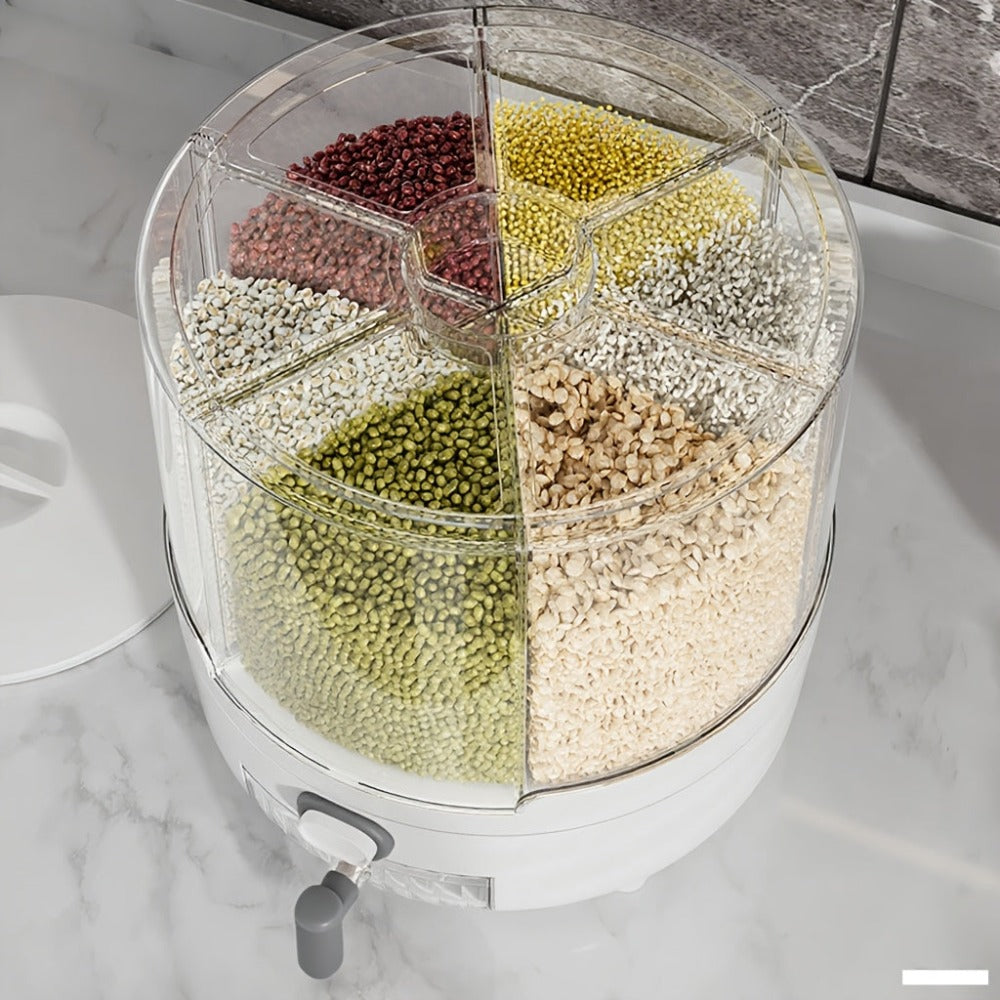 Dispensador de granos giratorio, sellado para cocina, a prueba de insectos y humedad, contenedor de almacenamiento de cereales enteros, cubo de arroz doméstico con seis compartimentos grado alimenticio