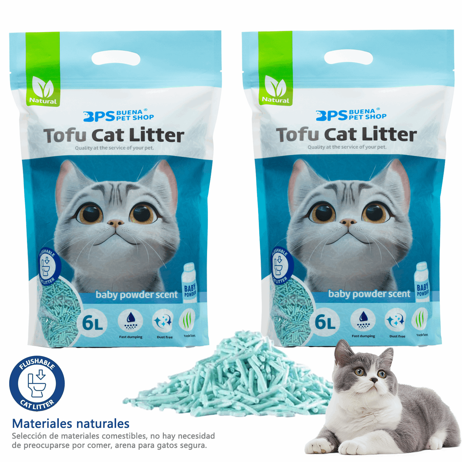 2 Paquetes de Arena para Gatos con Tofu, 6L Cada Uno, Fuerte Absorbencia, Fácil Compacidad, Desagotable, Sin Polvo, Múltiples Aromas Disponibles, Suministros para Mascotas, Sin Polvo Fácil de Aglomerar y Controla Olores -y Segura para Gatitos