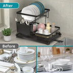 Escurridor de platos pequeño de 2 niveles, escurridor de platos con bandeja de agua, escurridor de cubiertos que ahorra espacio para guardar cubiertos, tazas, cucharas, tenedores - Regalo perfecto para mujeres, esposa, gadget de cocina para el Día de la M