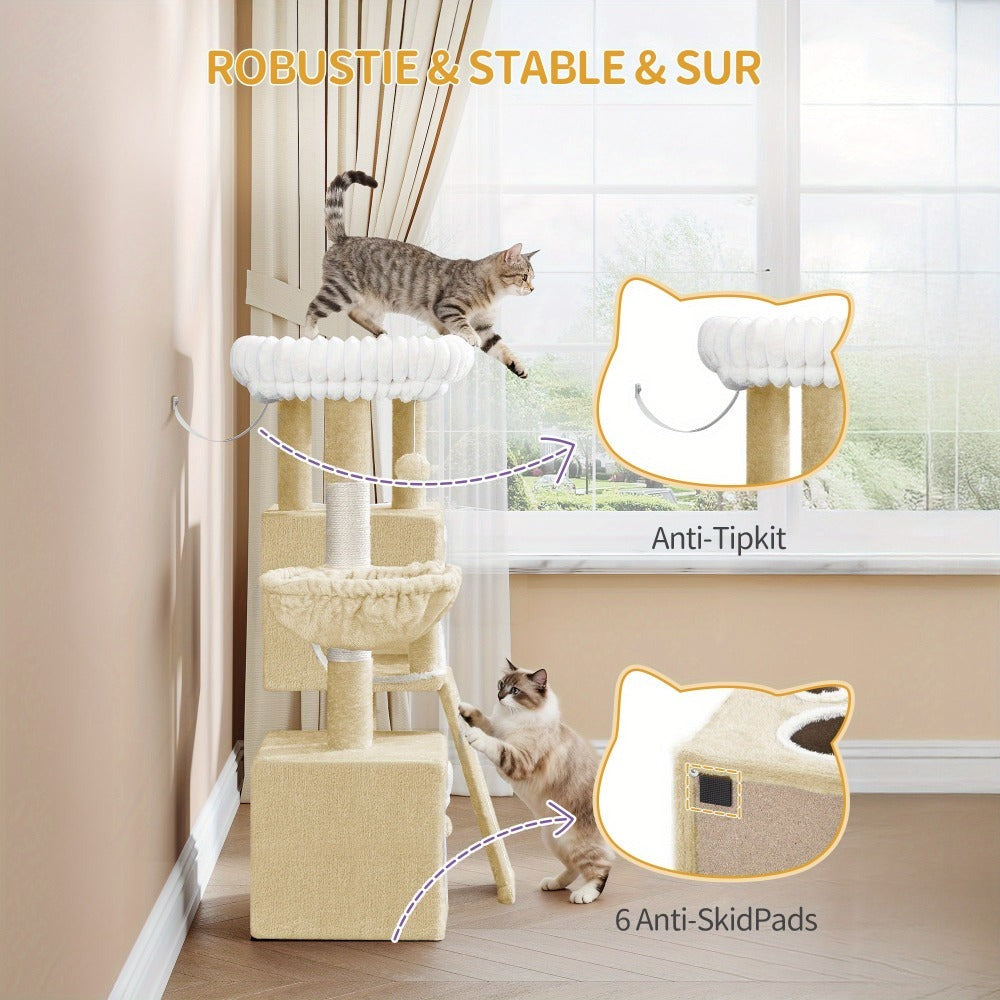 Árbol para Gatos Adecuado para Espacios Pequeños con Plataformas de Peluche, Postes de Sisal para Rascar y Base Antivuelco - Rampa de Escalada Multinivel, Cueva y Pompones - Árbol de Juego Resistente para Gatitos y Gatos (Gris Oscuro)