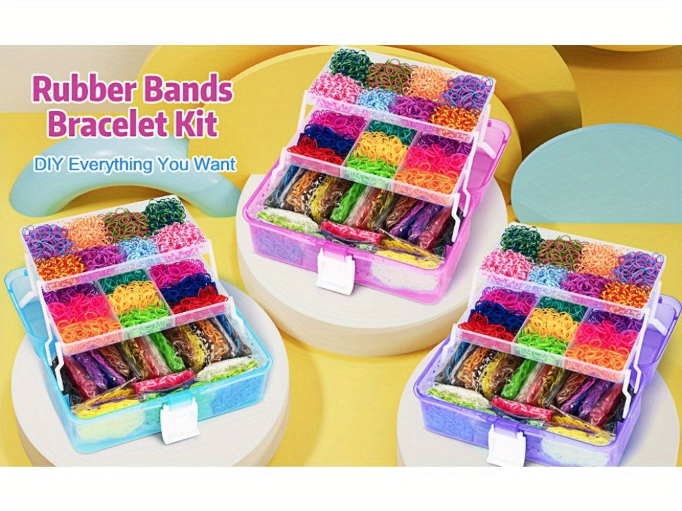 Un kit para hacer pulseras de gomas elásticas con 40 colores y más de 18,000 gomas elásticas, completo con un contenedor de tres capas. Es perfecto para manualidades, incluyendo pulseras y collares, y es un gran regalo para Navidad.