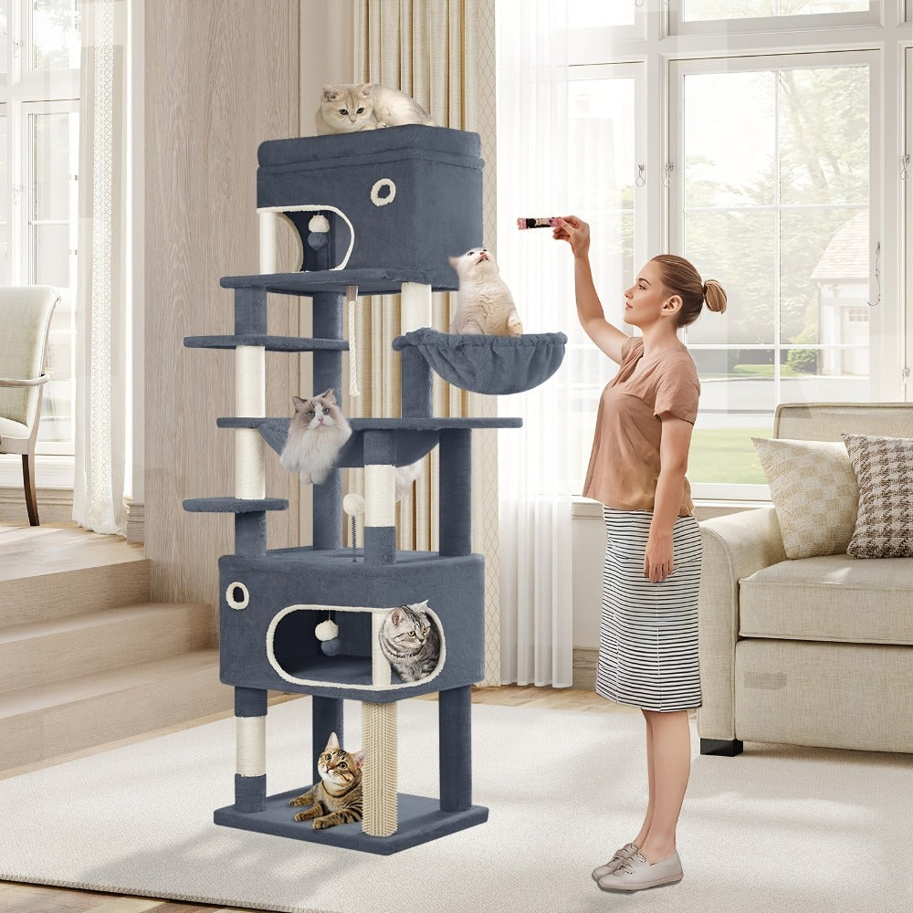 Rascador para Gatos, Árbol de 178 cm con Plataforma Grande, 2 Cuevas, 7 Postes Rascaresos, Pompones, Reposaderos y Hamaca, Adecuado para Todas las Razas de Gato, Gris Claro